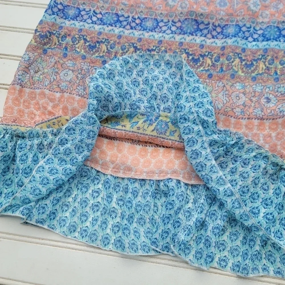 Zunie Girl Paisley Floral Maxi Ruffled Sleeve Long Dress Aqua Blue Peach Pink 12